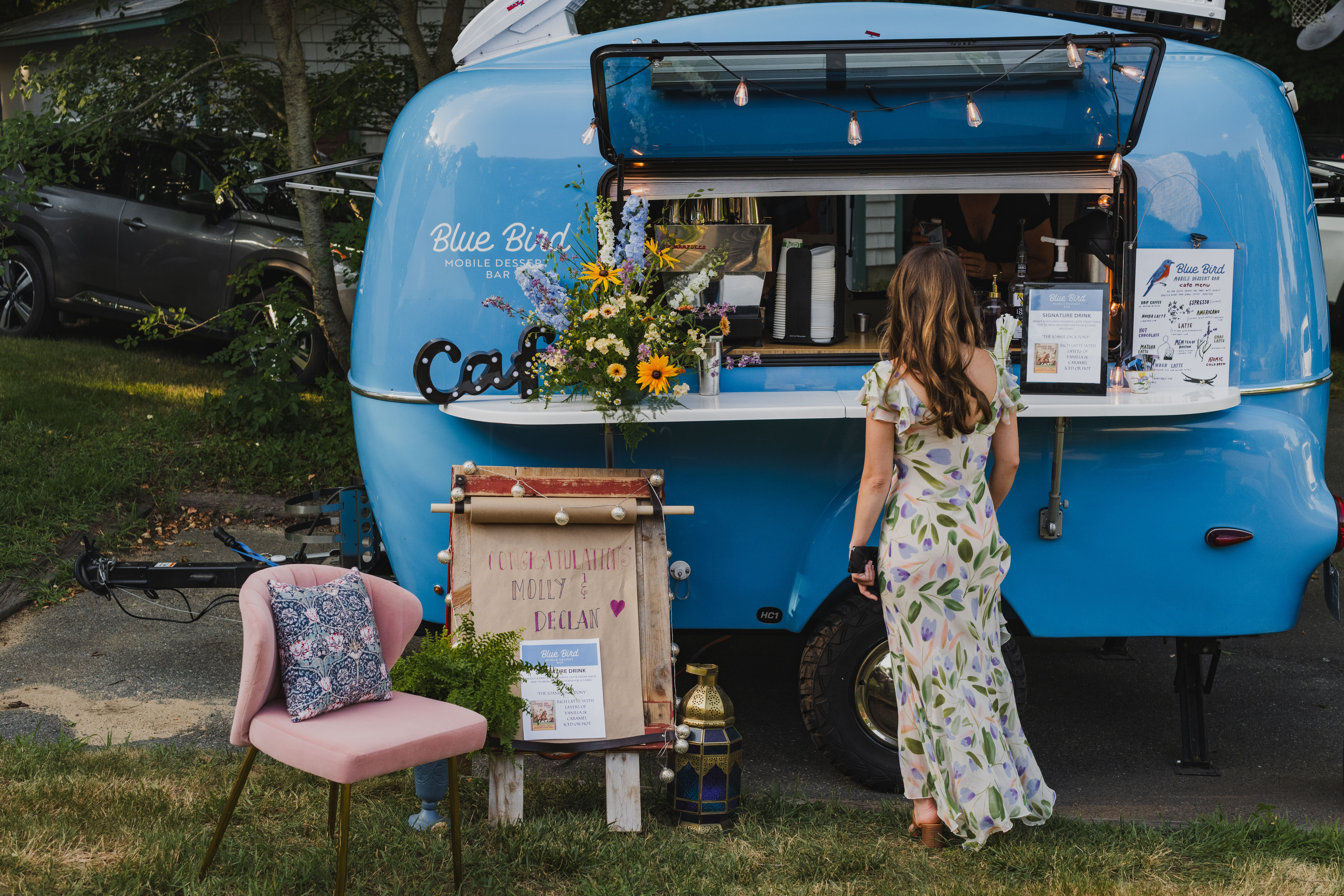 Blue Bird camper at a wedding